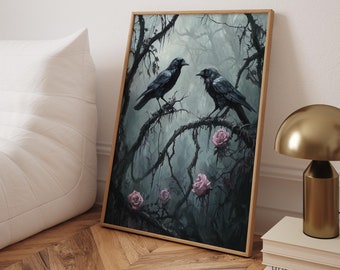 May include: Two black crows perched on branches in a dark, misty forest. Pink roses bloom on the branches. The crows are facing each other, appearing to be in conversation.