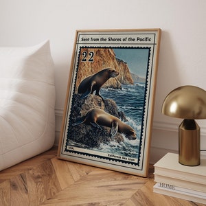 Arte de pared con sello postal de leones marinos, arte de pared vintage con animales para cocina retro, arte de pared costero, póster marino, impresión de California