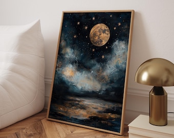 Vintage maankunstdruk: olieverfschilderij nachtelijke hemel, decor donkere academische wereld