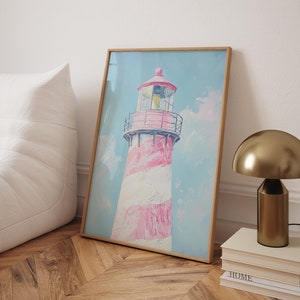 Olieverfschilderij kustvuurtoren: roze muurkunst strandhuis