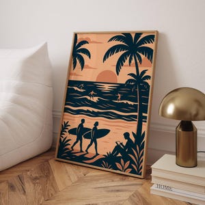 Retro Surfing Print: Vintage Beach Sunset, Minimalist Coastal Art