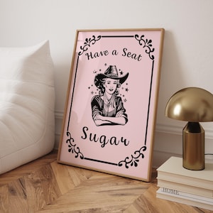 Toma asiento Póster rosa Arte de pared de baño de vaquera Arte del salvaje oeste Impresión vintage de baño de vaquera occidental Descarga digital