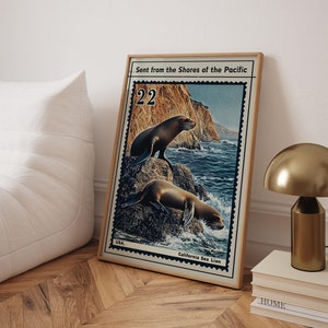 Seelöwen Briefmarke Wand Kunst Vintage Tier Wandkunst Für Retro Küche Druck Küstenwandkunst Meer Plakat Kalifornien Druck