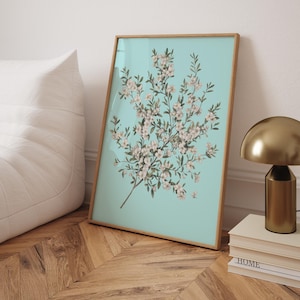 Botanical Flower Wall Art - Vintage Floral Print with White Blossoms on Blue Background, Cottagecore Decor