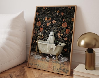 Ghost and Cat Bathtub Print: Whimsical Gothic Bathroom Wall Art