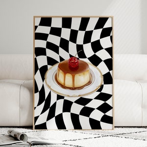 Póster vintage de arte de pared con crema de caramelo, arte gastronómico, arte retro de comida, póster rosa, arte de cocina, arte de pared dulce