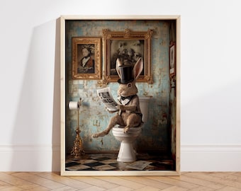 May include: A rabbit wearing a top hat and bow tie sits on a toilet reading a newspaper in a bathroom with blue and white tiled walls and framed pictures.