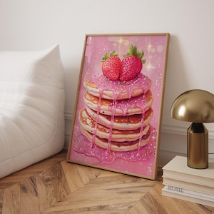 Póster de arte de pared de panqueques en color rosa, arte de cocina, arte gastronómico, póster de arte de pared de fresas, arte dulce