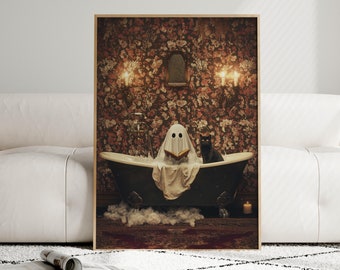 Ghost and Cat in Bathtub Wall Art: Whimsical Gothic Bathroom Decor