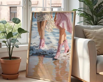 Coastal Cowgirl Print, Pink Cowboy Boots, Beach Wall Art