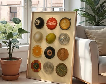 Retro Round Objects Print: Vintage Pop Culture Art, Eclectic Bar Decor