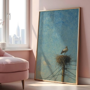 Impresión de arte mural de cigüeña en nido / Pintura surrealista de naturaleza / Póster de pájaro azul / Arte animal minimalista / Decoración rústica para el hogar
