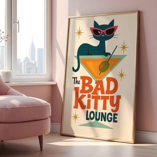 Retro Cat Wall Art – “Bad Kitty Lounge” Mid Century Modern Bar Poster
