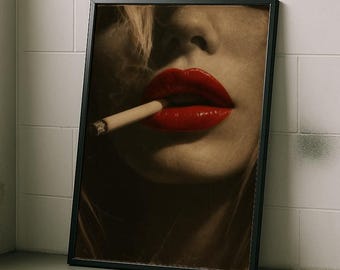Retro glamoureuze muurafdruk – Vintage fotografiekunst rode lippen en sigaret