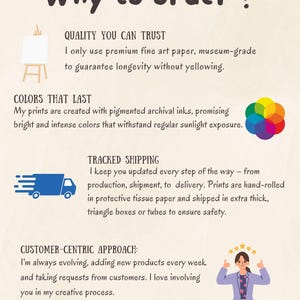 May include: An image with the text "Why to order?" lists the benefits of purchasing art prints. It highlights quality, color longevity, tracked shipping, and a customer-centric approach. The image includes illustrations of an easel, a color wheel, and a delivery truck.