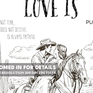 K&ouml;nnte beinhalten: Eine Schwarzwei&szlig;illustration eines Paares, das auf einem Pferd reitet. Der Mann tr&auml;gt einen Cowboyhut und die Frau ein langes Kleid. Der Text "LOVE IS" ist &uuml;ber ihnen geschrieben. Der Text "DOES NOT FEAR, DOES NOT DECEIVE, IS ALWAYS FAITHFUL" ist unter ihnen geschrieben. Der Text "PURE DEVO" ist rechts im Bild geschrieben.