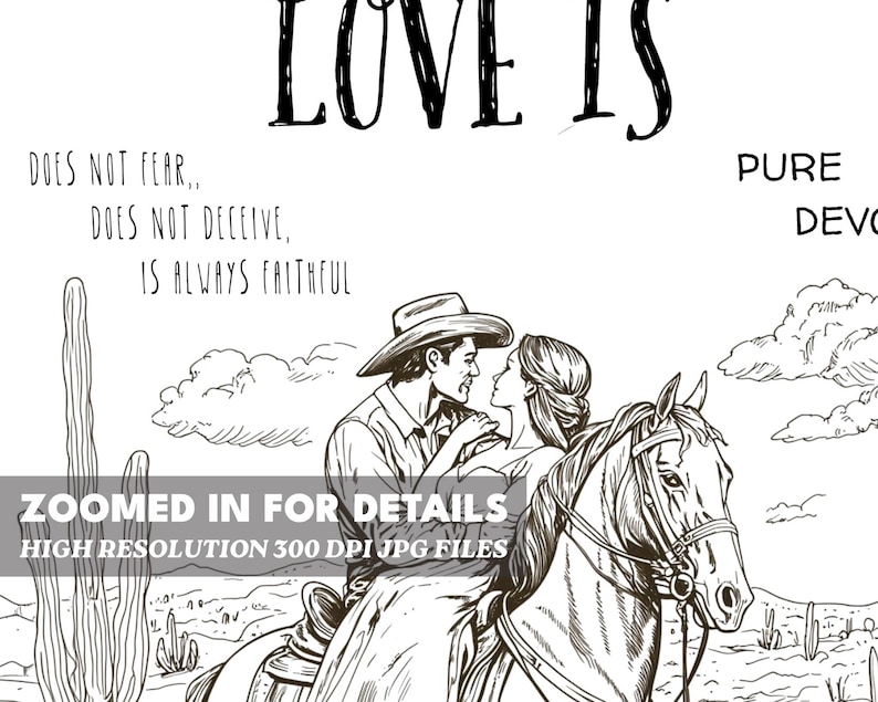 K&ouml;nnte beinhalten: Eine Schwarzwei&szlig;illustration eines Paares, das auf einem Pferd reitet. Der Mann tr&auml;gt einen Cowboyhut und die Frau ein langes Kleid. Der Text "LOVE IS" ist &uuml;ber ihnen geschrieben. Der Text "DOES NOT FEAR, DOES NOT DECEIVE, IS ALWAYS FAITHFUL" ist unter ihnen geschrieben. Der Text "PURE DEVO" ist rechts im Bild geschrieben.