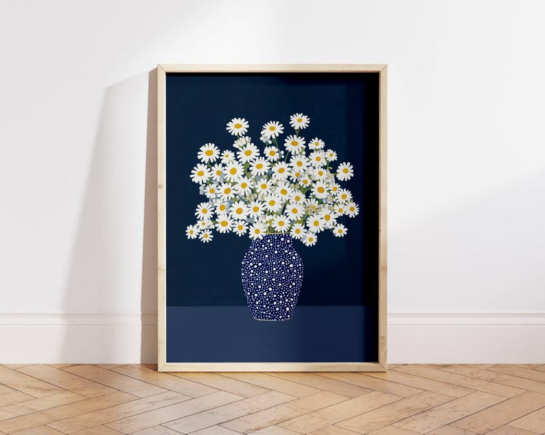 Modern Daisy Flower Wall Art – Minimalist Floral Print – Navy Blue and ...