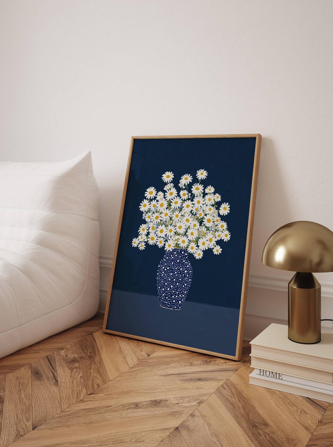 Modern Daisy Flower Wall Art – Minimalist Floral Print – Navy Blue and ...