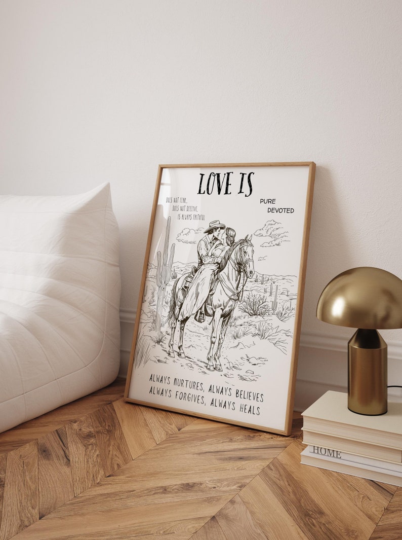 Love is scripture artwork, cowboy print, motivational quote poster, cowboy couple, western decor, western wall art, cowboy wall art, rustic wall art, inspirational cowboy print, cowboy lifestyle.