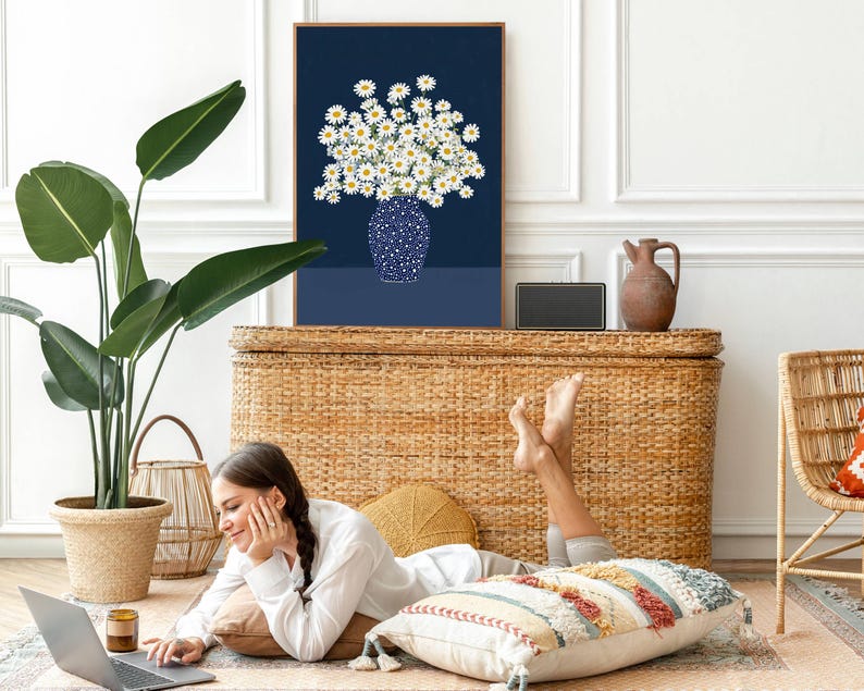 Modern Daisy Flower Wall Art – Minimalist Floral Print – Navy Blue and ...