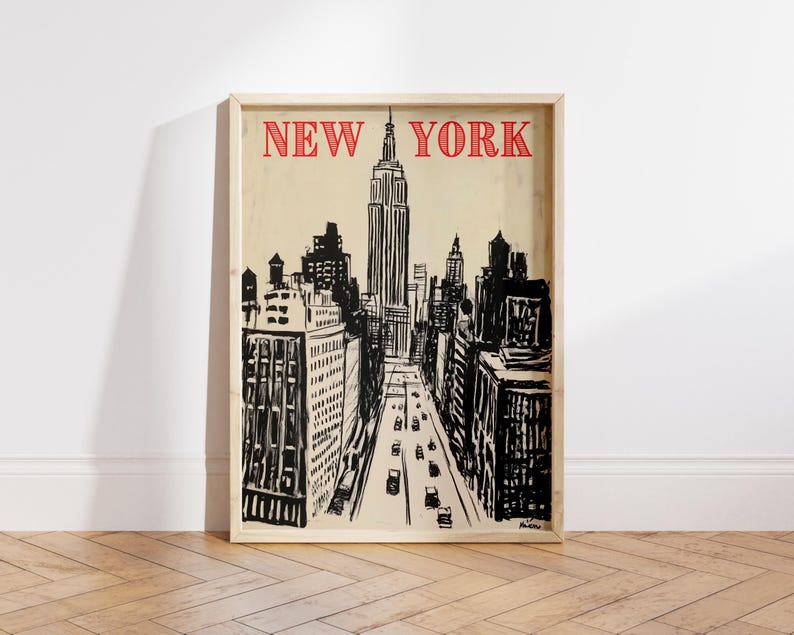May include: A black and white illustration of the New York City skyline with the Empire State Building in the center. The text "NEW YORK" is printed in red at the top of the image.