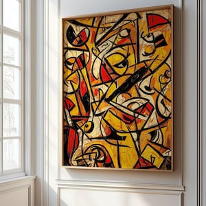 Puede incluir: Pintura abstracta con líneas negras audaces y formas en rojo, amarillo y blanco sobre un lienzo.
