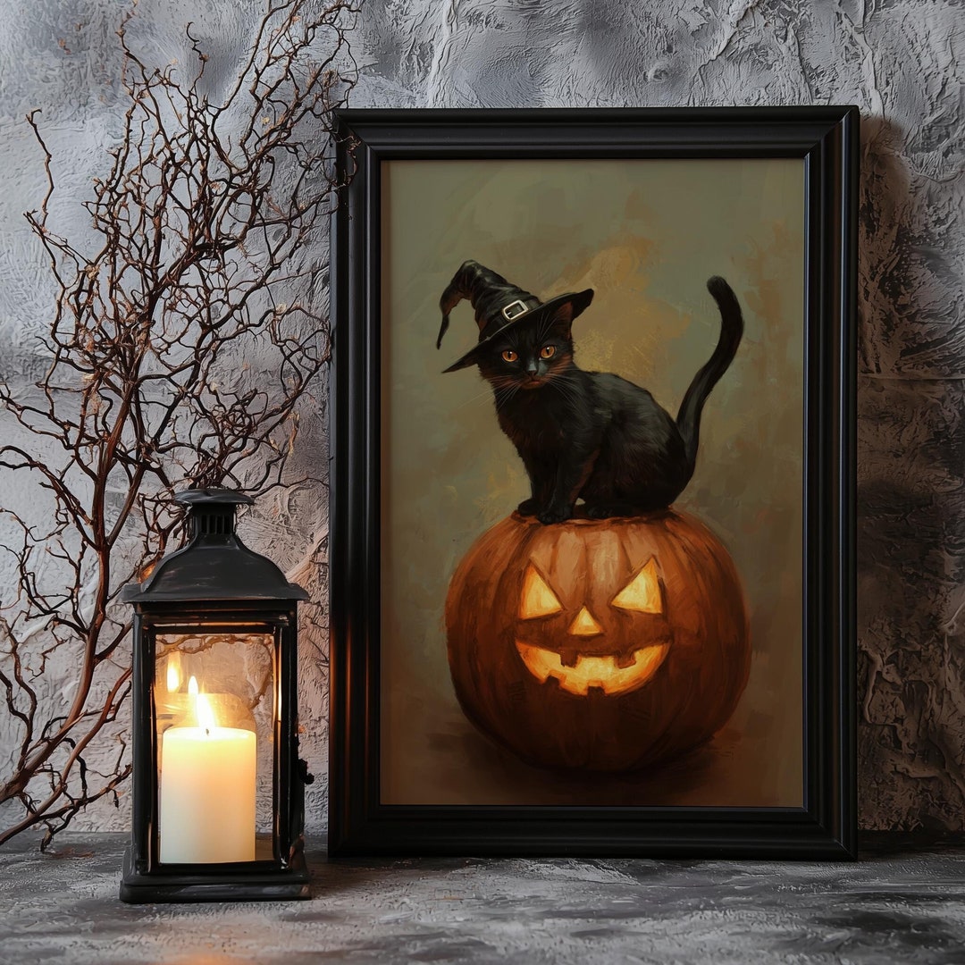 Cute Black Cat Halloween Wall Art Vintage Neutral Halloween Wall Prints ...