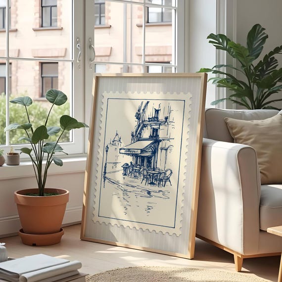 Paris Cafe Scene Wall Art – Vintage Stamp Style Drawing Print
