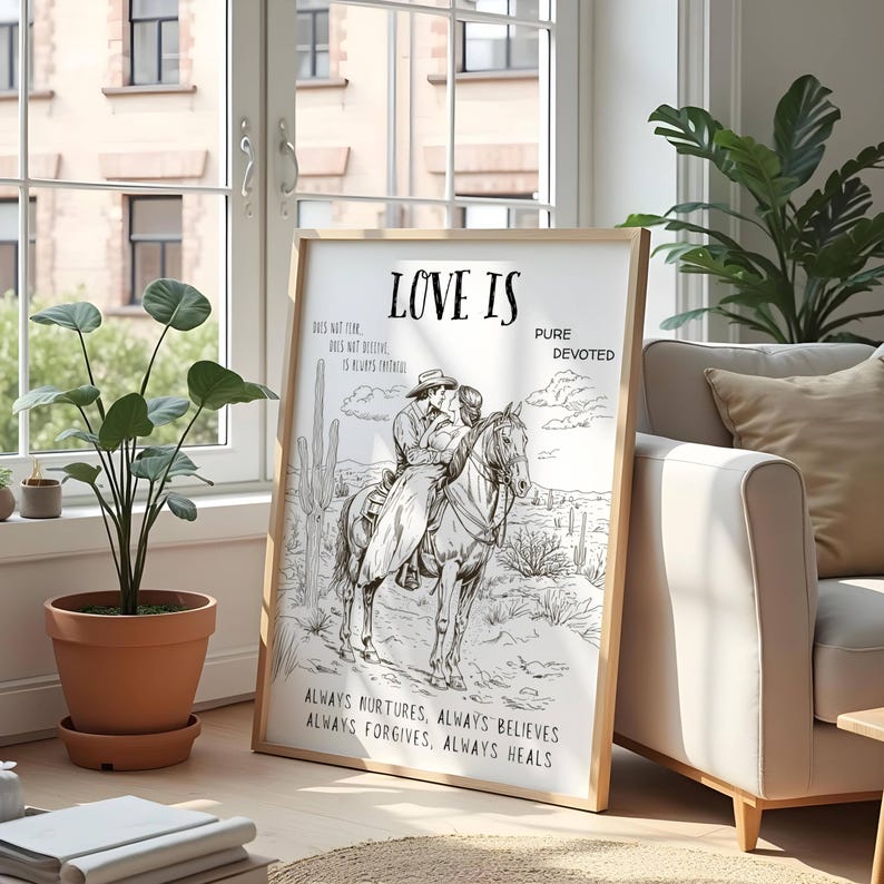 K&ouml;nnte beinhalten: Schwarz-wei&szlig;-Illustration eines Paares, das in einer W&uuml;stenlandschaft auf einem Pferd reitet. Der Text "LOVE IS PURE DEVOTED" befindet sich oben im Bild. Der Text "ALWAYS NURTURES, ALWAYS BELIEVES, ALWAYS FORGIVES, ALWAYS HEALS" befindet sich unten im Bild.
