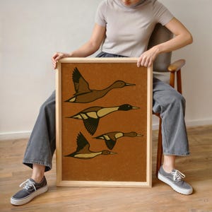 Pu&ograve; includere: Una stampa artistica incorniciata con un'illustrazione marrone e beige di tre anatre in volo. Le anatre hanno ali dettagliate e colli lunghi su uno sfondo strutturato marrone-arancio. L'opera &egrave; racchiusa in una cornice di legno naturale.