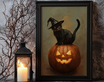 Impresión vintage de Halloween: Gato negro en una calabaza (descarga digital)