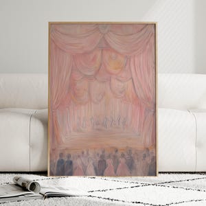 May include: A painting of a stage with pink curtains and a crowd of people in the foreground. The stage is lit with warm, yellow light. The painting is done in a soft, impressionistic style.