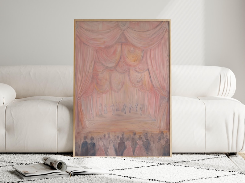 May include: A painting of a stage with pink curtains and a crowd of people in the foreground. The stage is lit with warm, yellow light. The painting is done in a soft, impressionistic style.