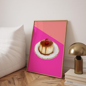 Póster vintage de arte de pared con crema de caramelo, arte gastronómico, arte retro de comida, póster rosa, arte de cocina, arte de pared dulce