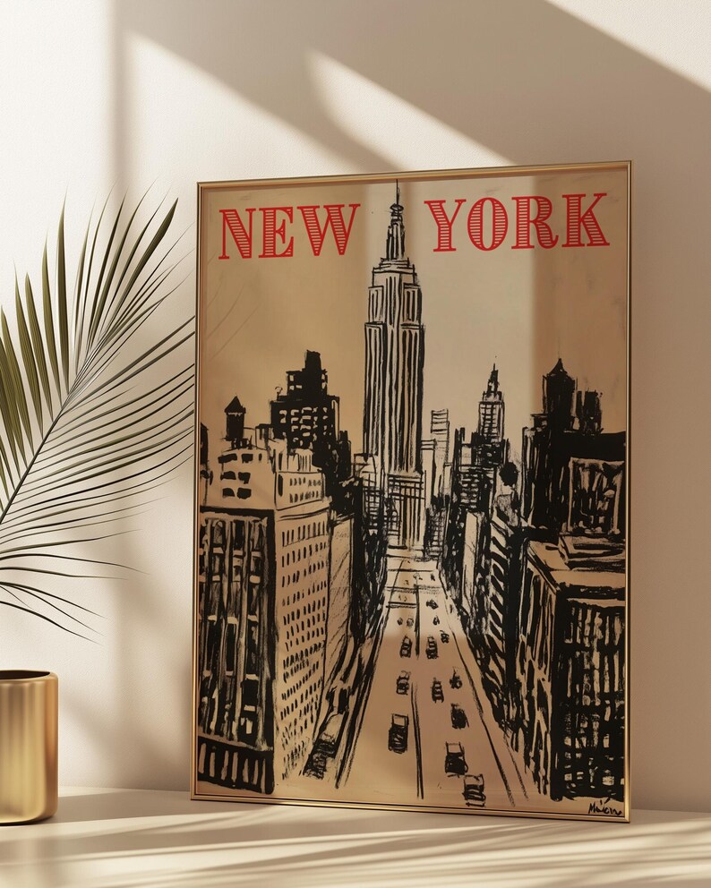 May include: A black and white illustration of the New York City skyline with the Empire State Building in the center. The text "NEW YORK" is in red at the top of the image.