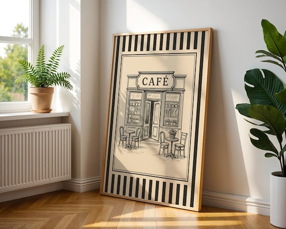Vintage Café Poster – Parisian Coffee House Line Drawing Kitchen Décor