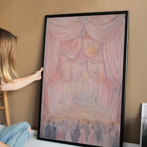 May include: A framed painting depicting a stage with pink curtains and a crowd of people in the foreground. The painting is done in a soft, pastel style.