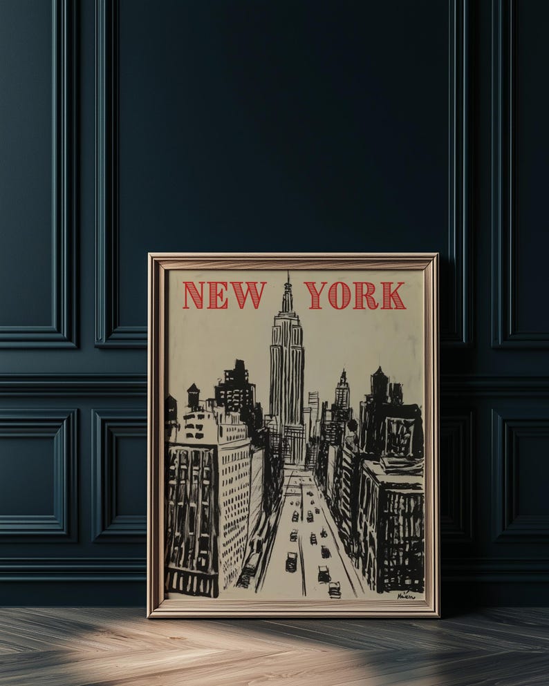 May include: A vintage-style poster with a black and white illustration of the New York City skyline, including the Empire State Building. The poster has a beige background with the words "NEW YORK" in red letters at the top.