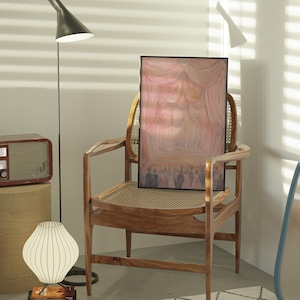 May include: A wooden chair with a woven cane back and seat, a painting of a pink and yellow stage curtain, and a white lamp with a white shade.