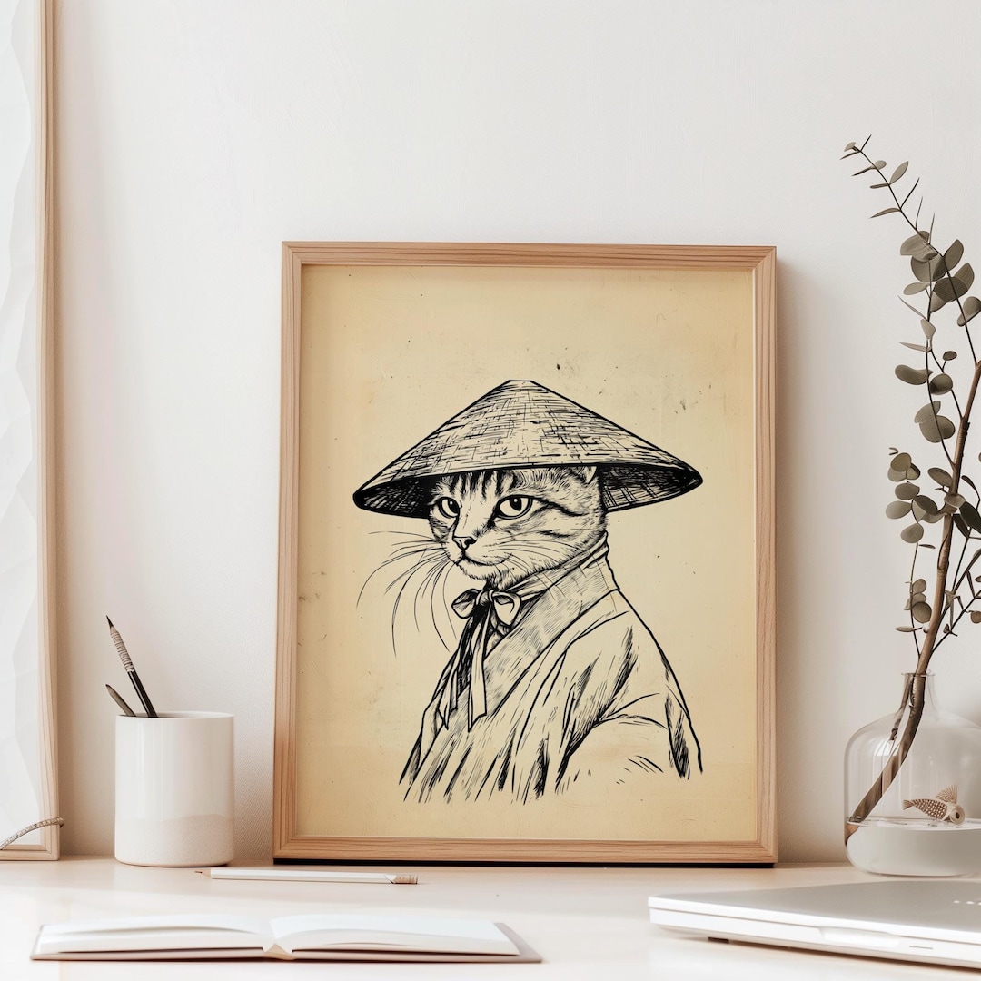 Japanese Cat Art Print: Funny Vintage Wall Decor - Etsy
