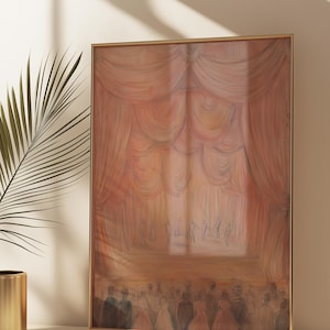 May include: A framed painting depicting a stage with a group of dancers performing in front of a large, flowing curtain. The curtain is a soft, peachy pink color and the dancers are silhouetted against it. The stage is lit from the front, creating a spotlight effect. The painting is set against a white background.