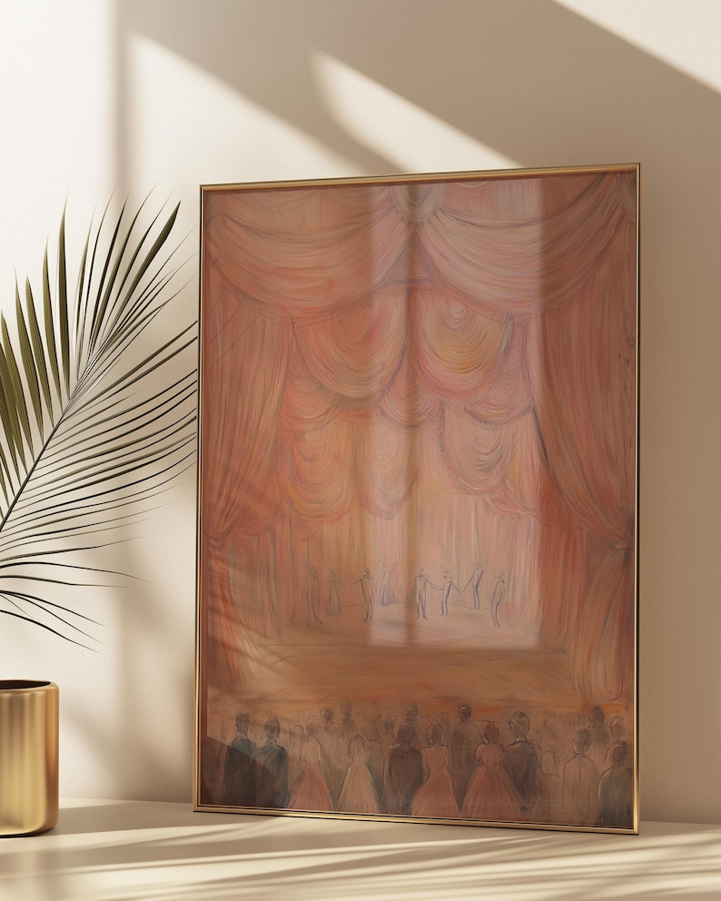 May include: A framed painting depicting a stage with a group of dancers performing in front of a large, flowing curtain. The curtain is a soft, peachy pink color and the dancers are silhouetted against it. The stage is lit from the front, creating a spotlight effect. The painting is set against a white background.