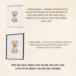 May include: Comparison of a wooden hanger and a wooden frame. The wooden hanger uses magnetic strips to hold a print, while the wooden frame is fully enclosed with plexiglass. Both display a watercolor dog.