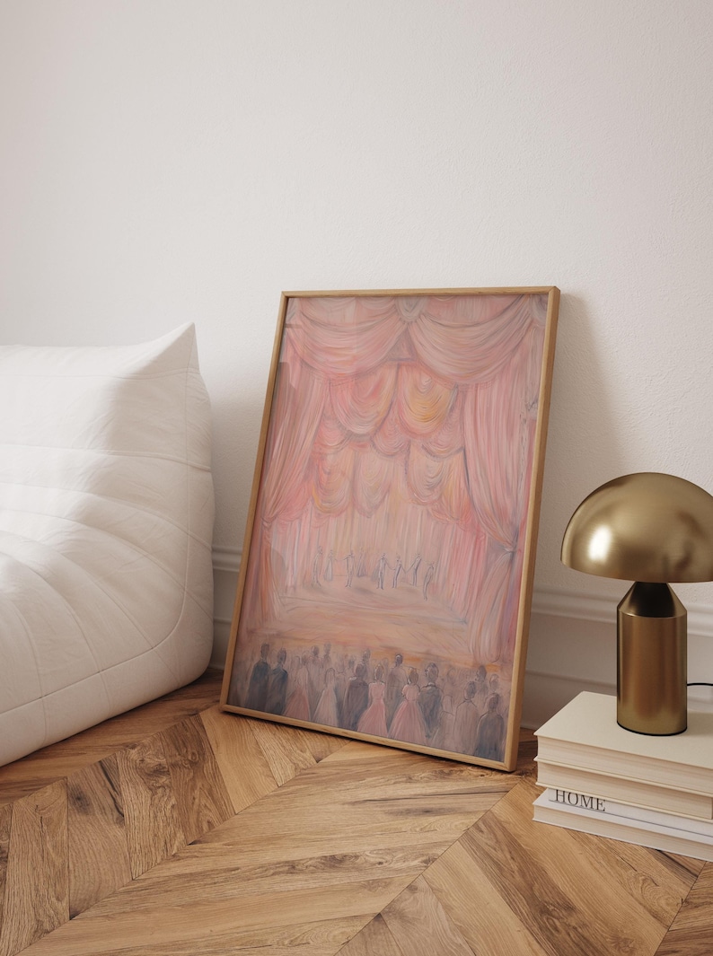 Vintage Pastel Painting, elegant theater performance, trendy wall art, art lovers decor, pink wall art, modern poster, timeless art, sophisticated wall decor, living room art, bedroom wall art, creative space decor, soft pastel art