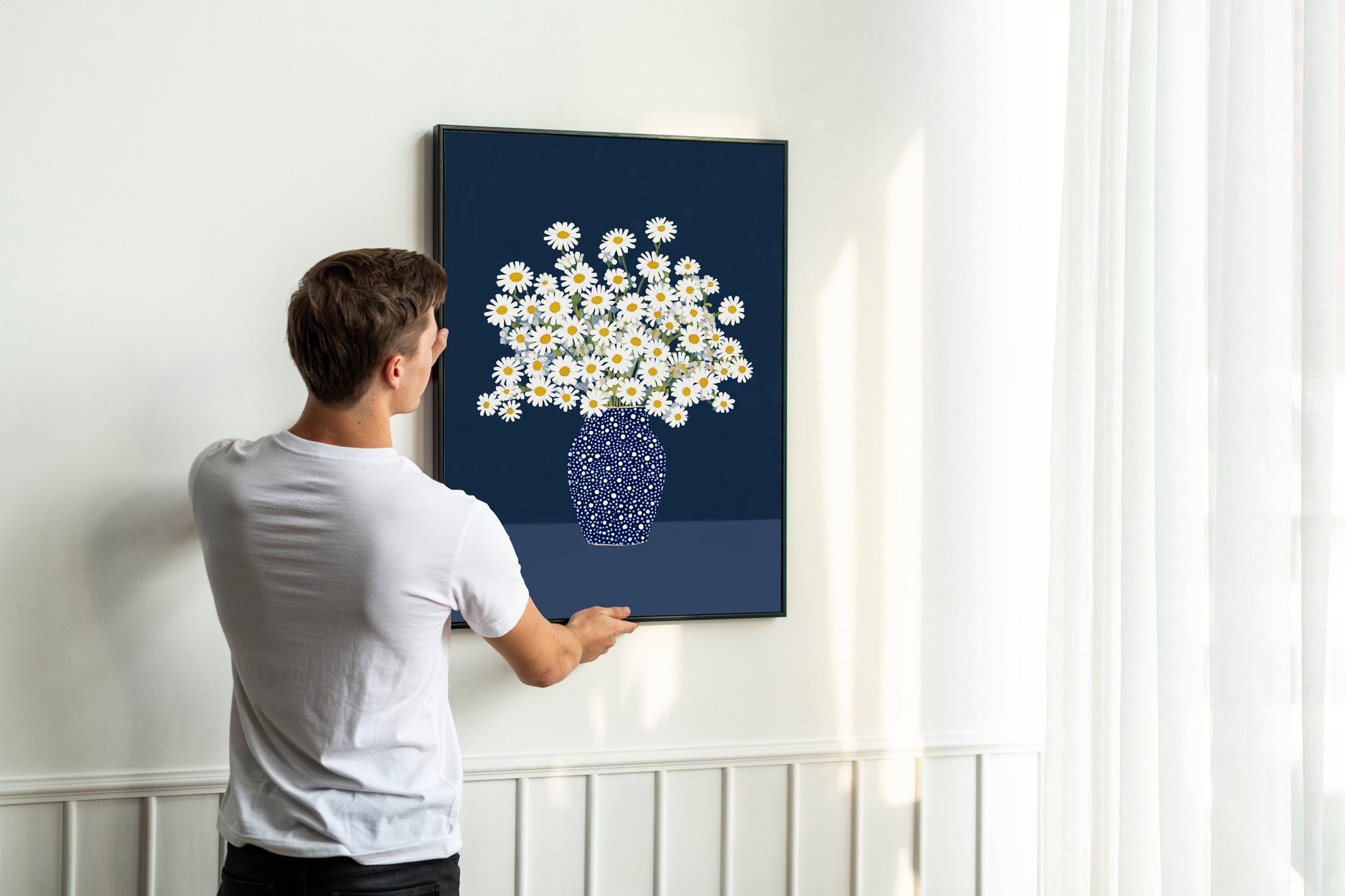 Modern Daisy Flower Wall Art – Minimalist Floral Print – Navy Blue and ...