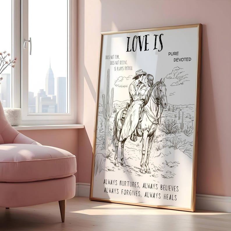 K&ouml;nnte beinhalten: Schwarz-wei&szlig;-Illustration eines Paares, das auf einem Pferd durch die W&uuml;ste reitet. Der Text "LOVE IS" befindet sich oben im Bild, darunter die W&ouml;rter "PURE" und "DEVOTED". Der Text "ALWAYS NURTURES, ALWAYS BELIEVES, ALWAYS FORGIVES, ALWAYS HEALS" befindet sich unten im Bild.