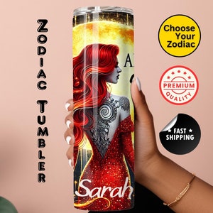 Custom Zodiac Tumbler with Name, 20oz Astrology Skinny Cup, Horoscope Gift for Her, Personalized Star Sign Mug, Birthday Gift for Girls