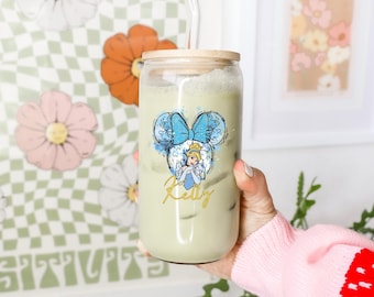 Personalized Princess Glass Cup, Custom Name Iced Coffee Tumbler