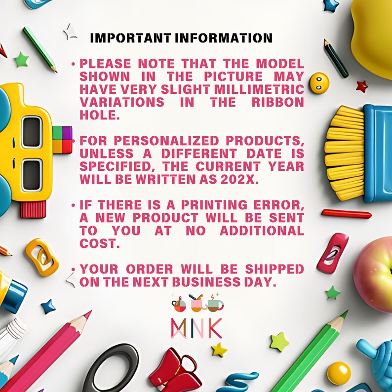Colorful instruction card with toys and stationery border. Text explains personalization rules, current year default, free replacement for printing errors, and fast shipping policy for custom products.